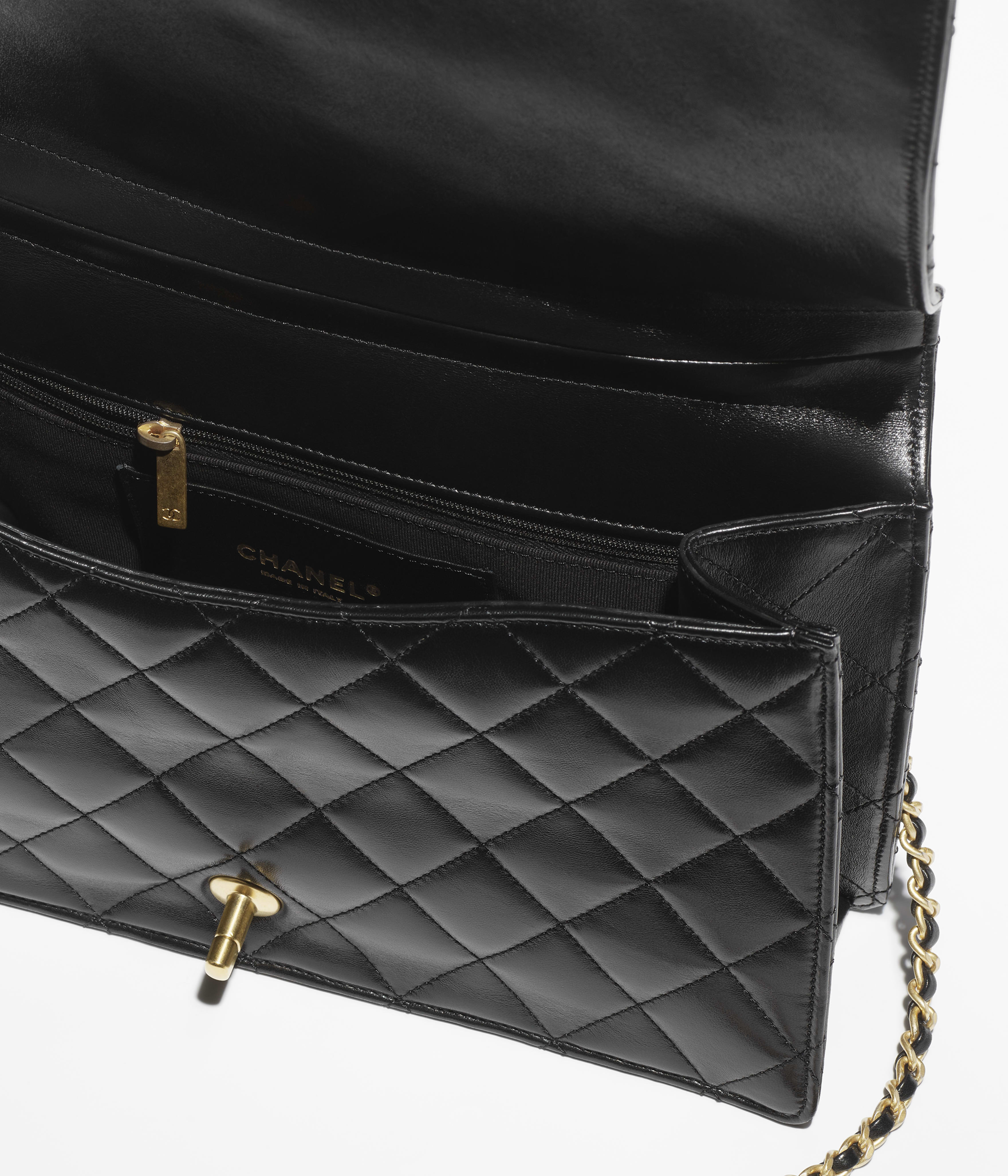 Large Flap Bag - Black - Shiny Lambskin & Gold-Tone Metal - 